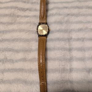 Vintage Quemex Gold Tone Quartz Watch - Tan Stitched Leather Strap